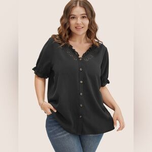 Solid Lace Trim Button Up Laser Cut Puff Sleeve Blouse